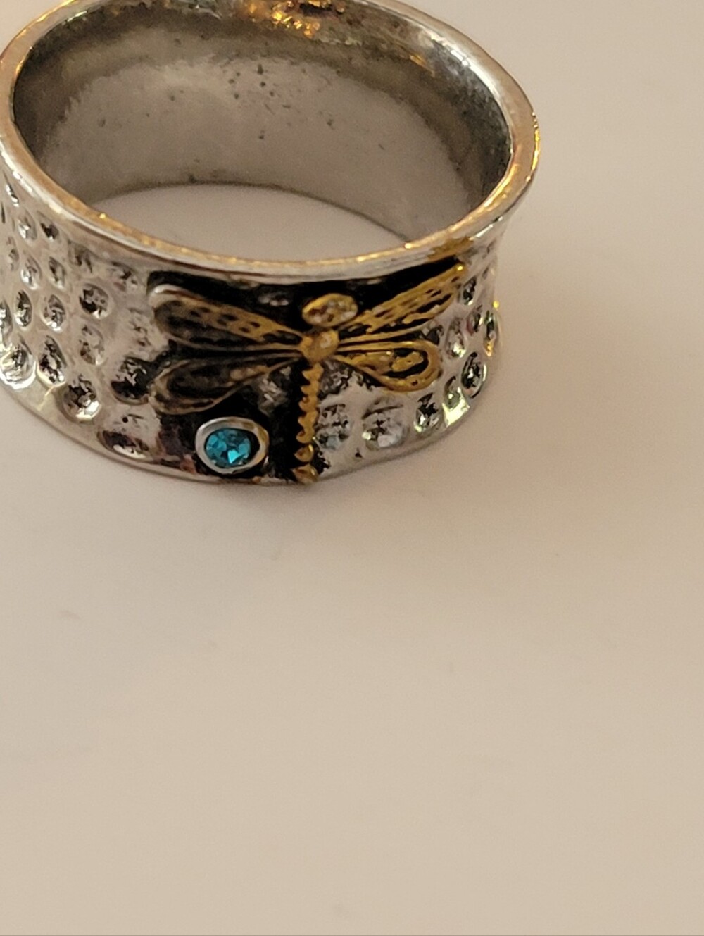 Silver Dragonfly Accent Ring with Blue Crystal Size 11.5
